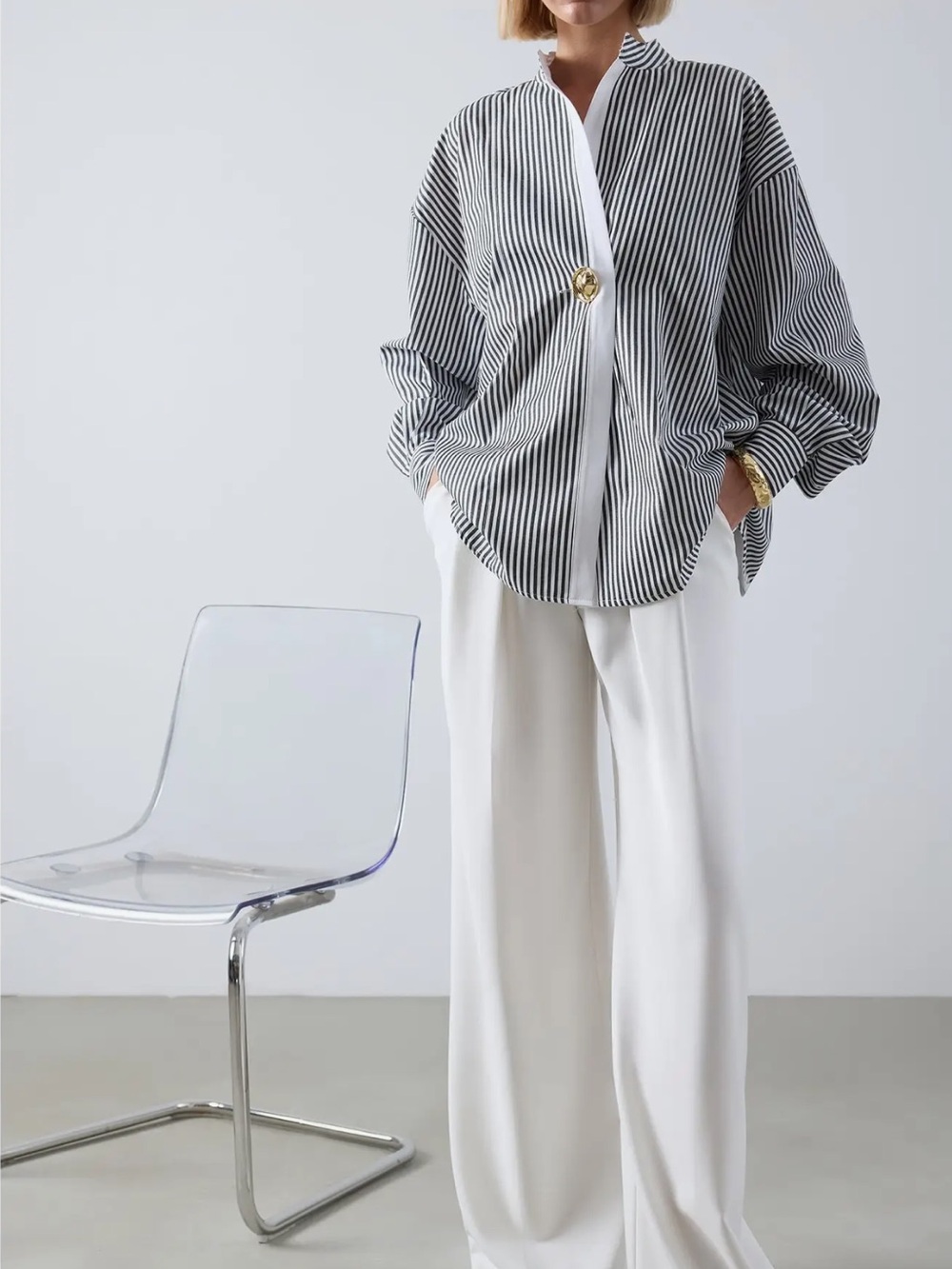 Black Striped Asymmetric Tunic Shirt - Cotton Blend Oversized